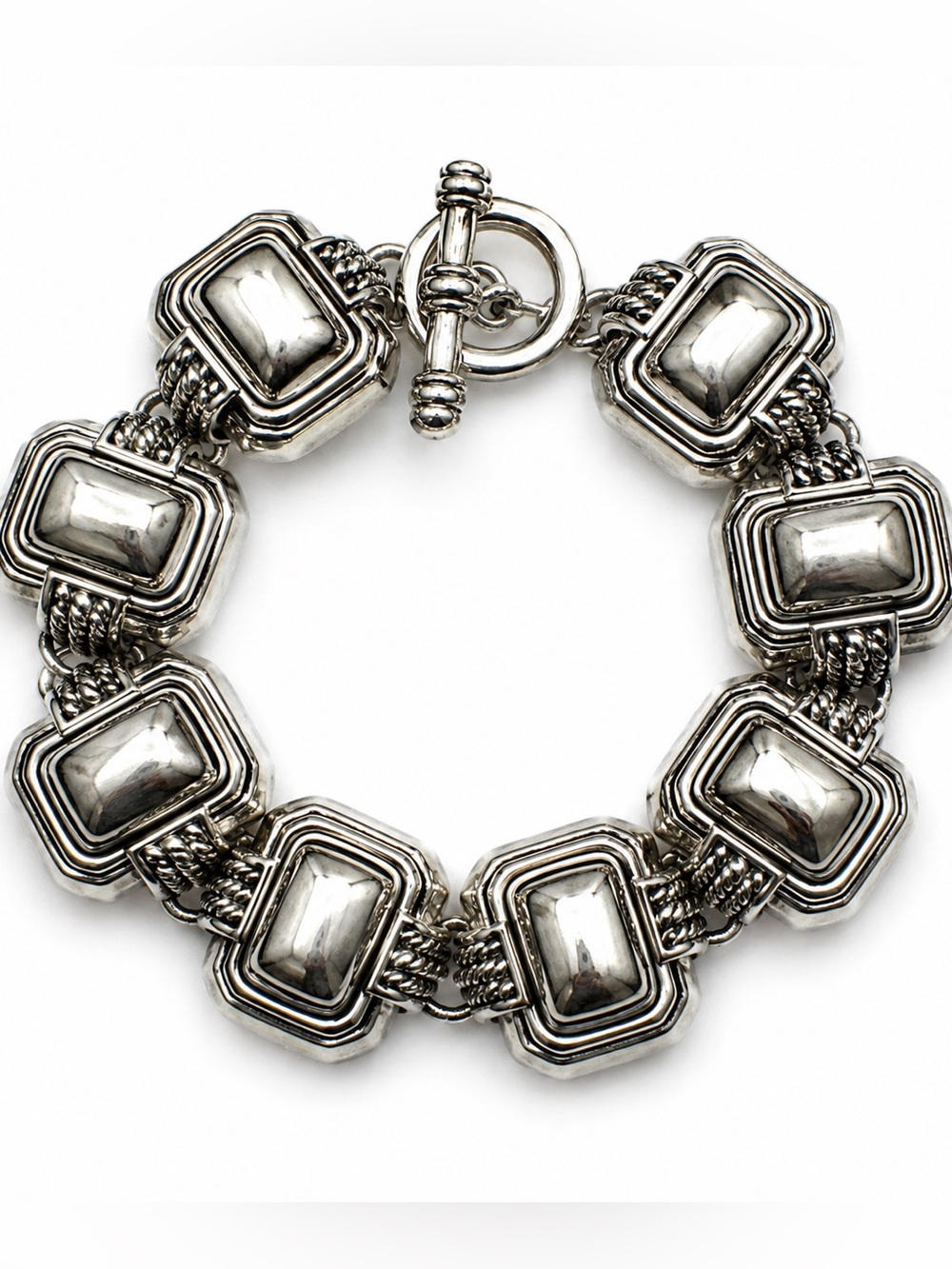 Chunky Silver Tone Geometric Link Toggle Bracelet 8” Statement Jewelry